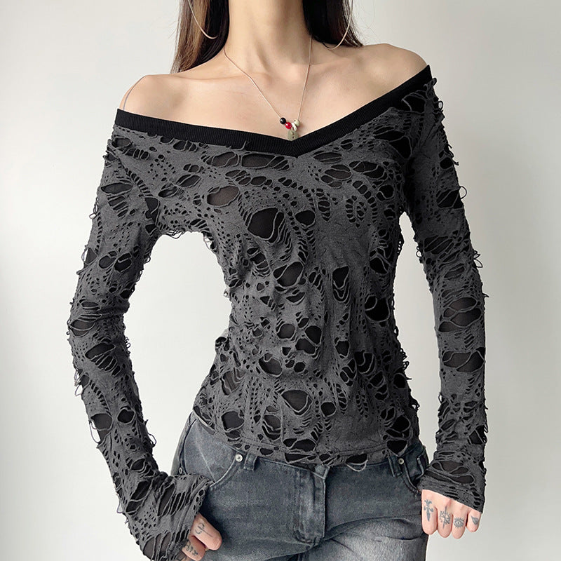 Ladies transparent distressed lace shirt with V-neck, long-sleeve layered look and built-in cami Mune Fashion