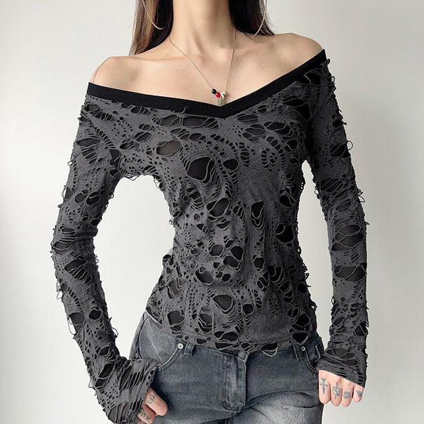 Ladies transparent distressed lace shirt with V-neck, long-sleeve layered look and built-in cami Mune Fashion
