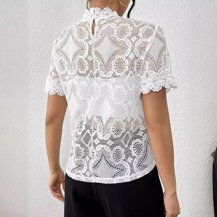Ladies nan semi-transparent lace top with high ruffle collar and opaque bust part Mune Fashion