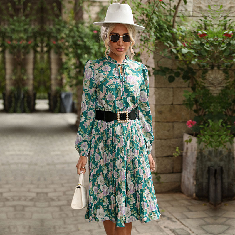 Women's Pleated Midi Dress with Stand Collar Bow, Puff Sleeves, and Removable Pearl Belt Mune Fashion