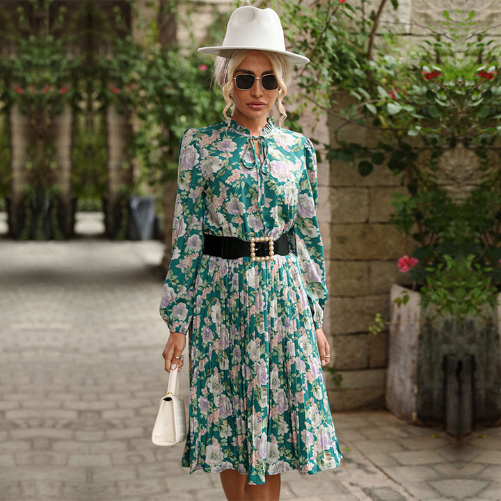 Women's Pleated Midi Dress with Stand Collar Bow, Puff Sleeves, and Removable Pearl Belt Mune Fashion