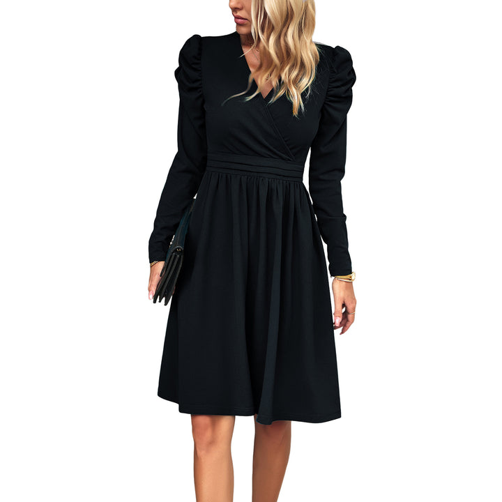 Ladies' wrap midi dress with puff sleeves, accentuated waist yoke, and flowing skirt Mune Fashion