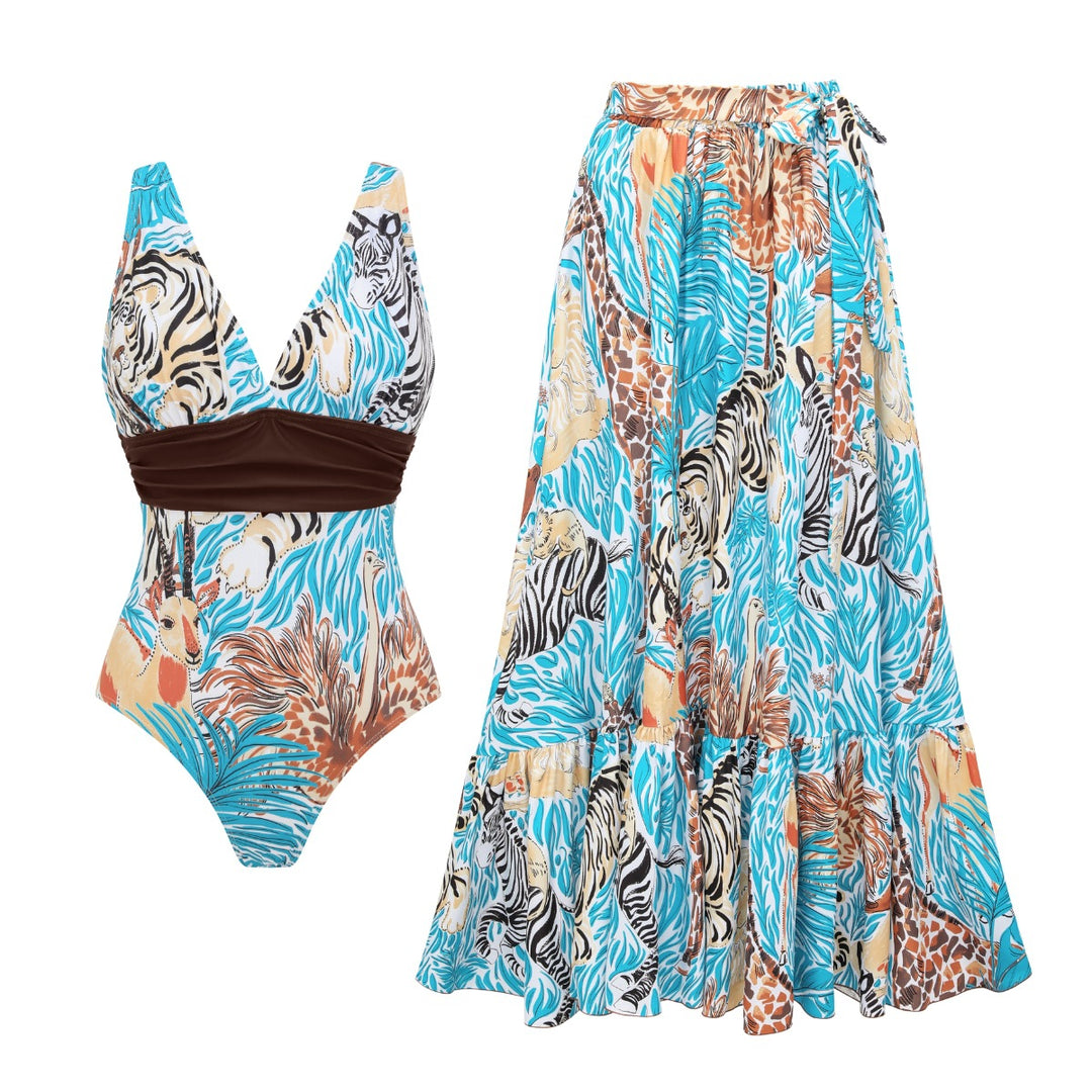 Women's One-Piece Swimsuit with Animal Print and Elegant Waistline Mune Fashion