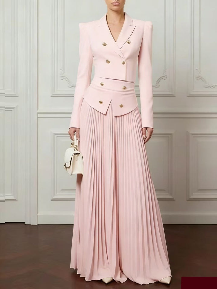 Women Two-Piece Fitted Suit with Double-Breasted Blazer and Pleated Maxi Skirt Mune Fashion
