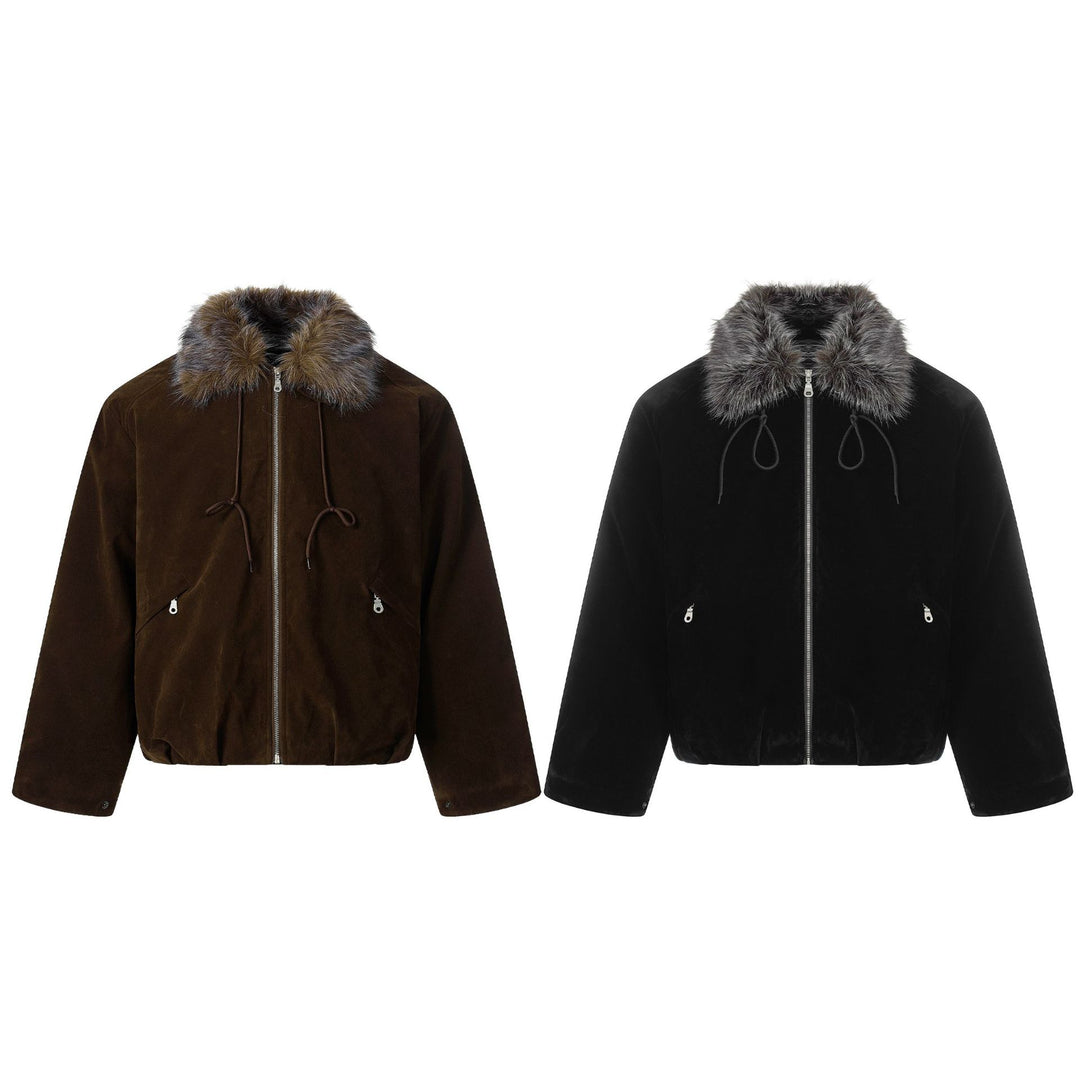 Men's Suede Bomber Jacket with Detachable Faux Fur Collar and Drawstring Mune Fashion