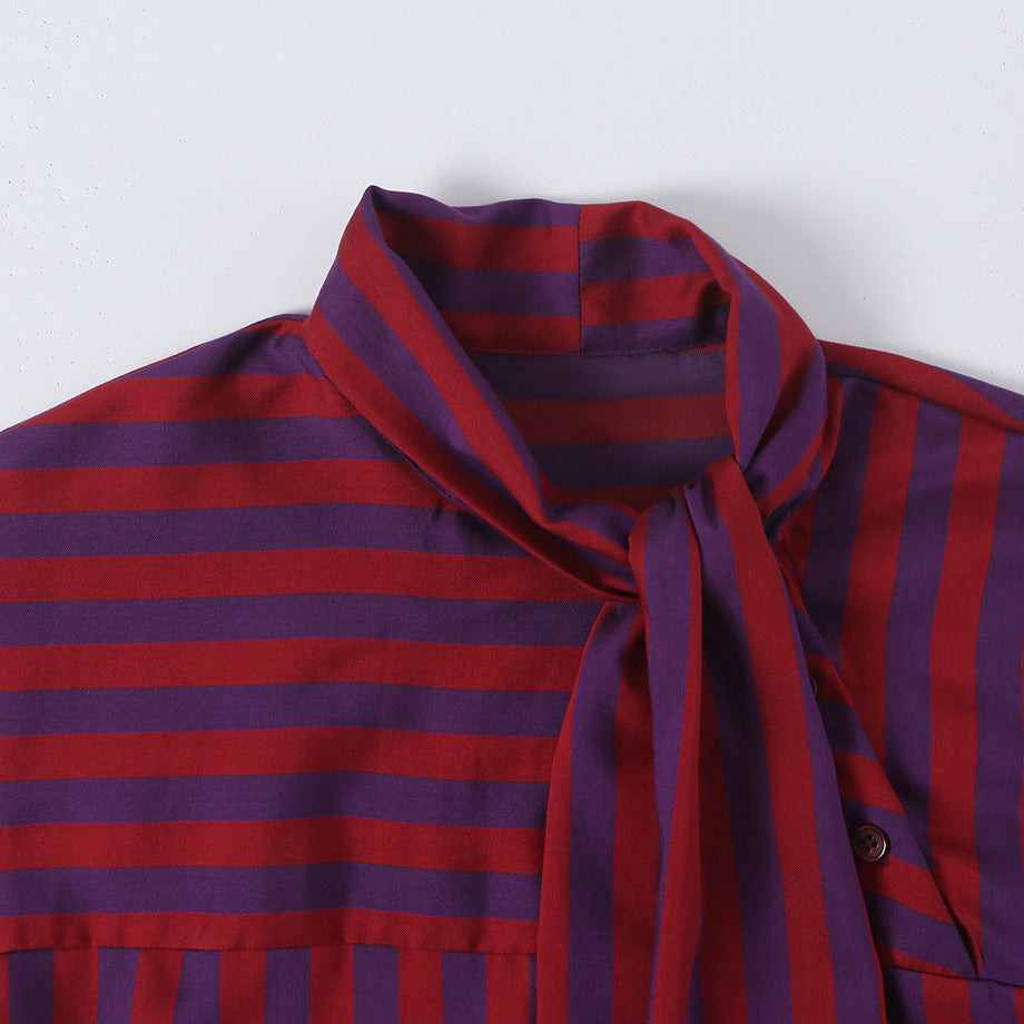 Women's Striped Long Sleeve Blouse with Bow Collar and Casual Fit Mune Fashion