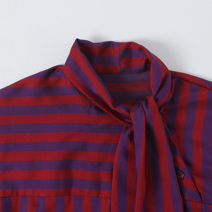 Women's Striped Long Sleeve Blouse with Bow Collar and Casual Fit Mune Fashion