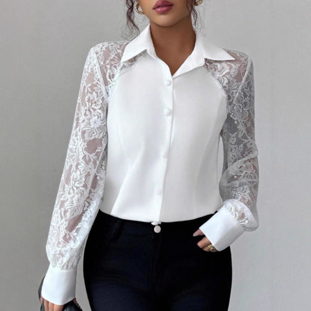 Ladies Elegant Blouse with Lace Inserts and Shirt Collar Mune Fashion