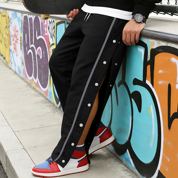 Men's button placket sweatpants with side snap buttons and drawstring