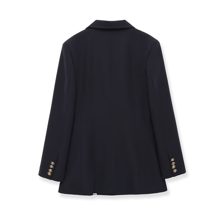 Ladies double-breasted long blazer with distinctive gold buttons and structured shoulder Mune Fashion