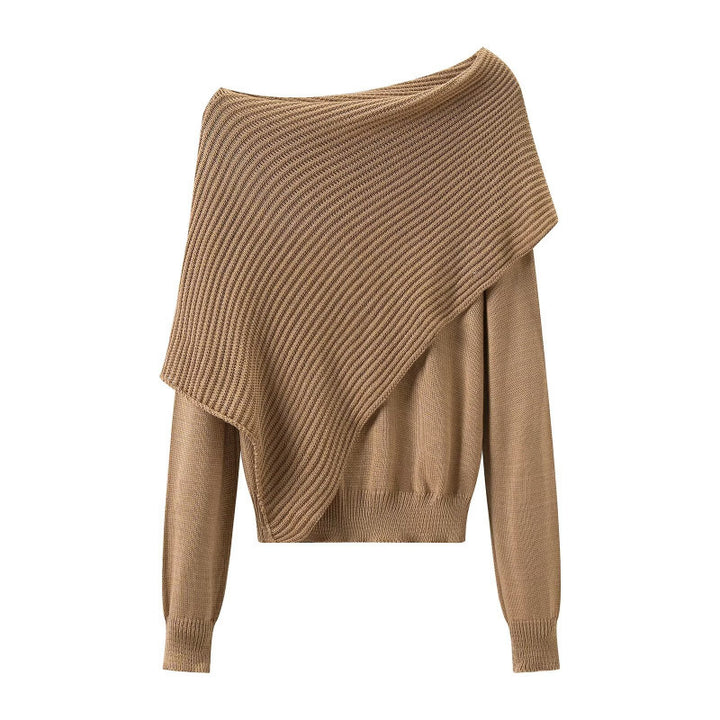 Women Asymmetrical Off-Shoulder Knit Sweater with Poncho Insert Mune Fashion