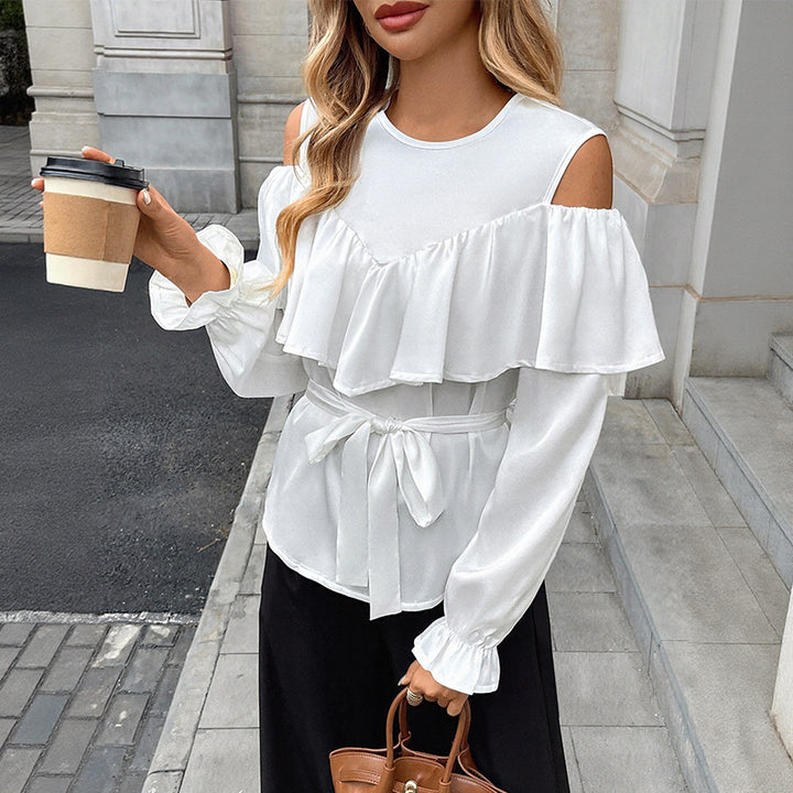 Women's Playful Blouse Top with Ruffle Details and Waist Belt Mune Fashion
