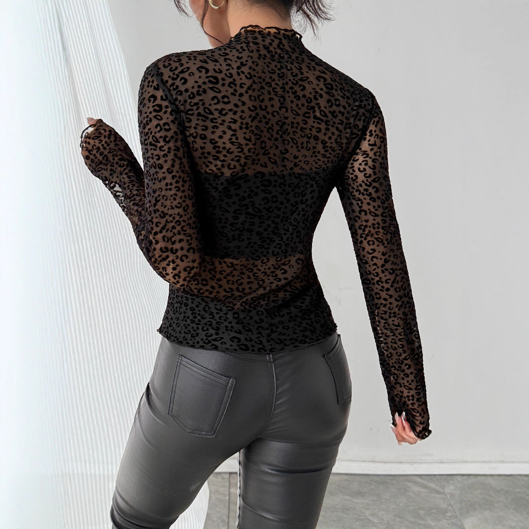 Women's tight-fitting transparent mesh top with raised velour flock leopard print and stand-up collar Mune Fashion