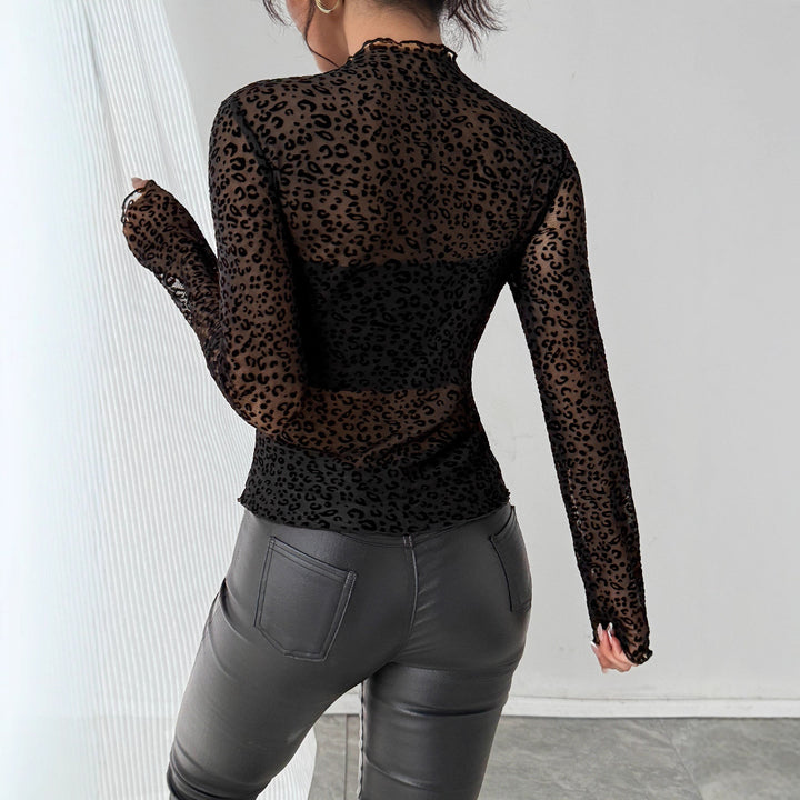 Women's tight-fitting transparent mesh top with raised velour flock leopard print and stand-up collar Mune Fashion