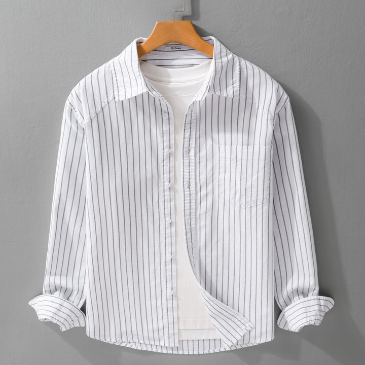 Men's pinstripe layering shirt jacket made of lightweight cotton blend with chest pocket Mune Fashion
