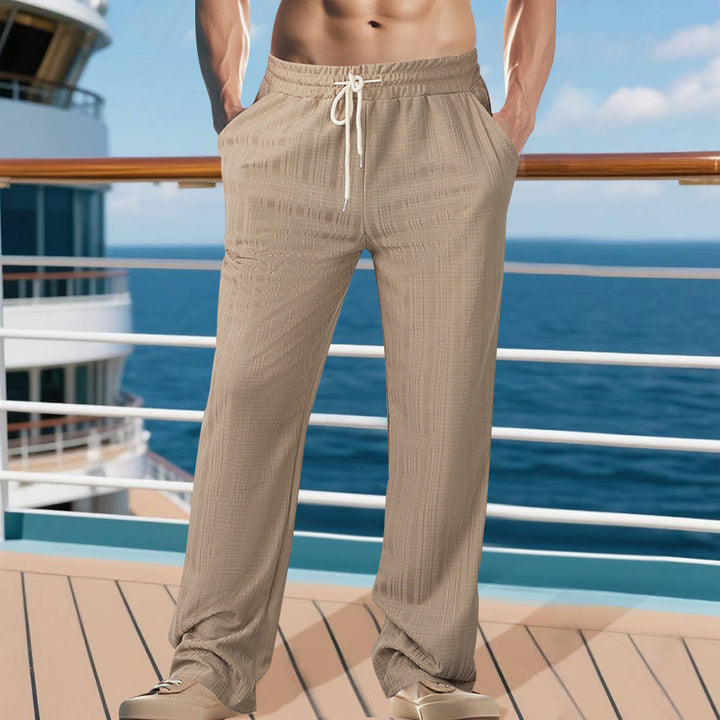 Men's relaxed linen look lounge pants with elastic waistband, drawstring, and fine waffle texture Mune Fashion