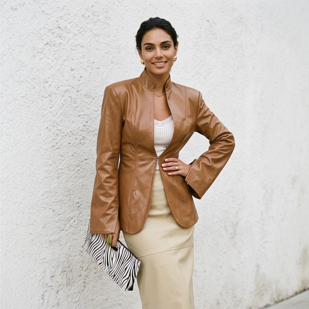 Women's tailored vegan leather blazer with sculpted seams and stand-up collar Mune Fashion