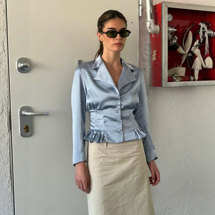 Women's Tailored Satin Blouse with Corset Seam, Shirt Collar & Ruffled Hem Mune Fashion