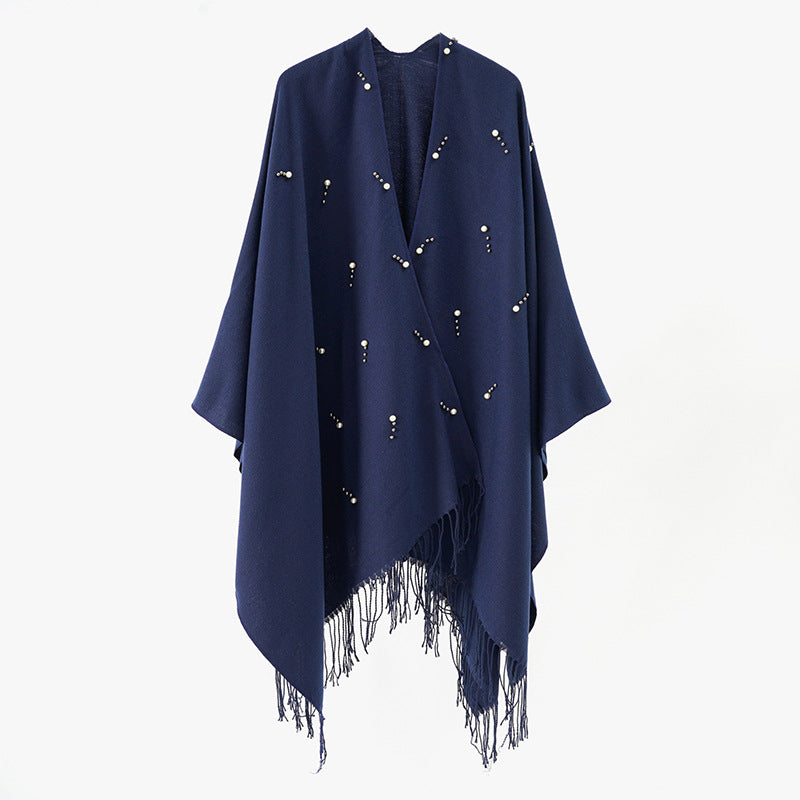Women Elegant Embroidered Wool Blend Poncho Cape with Bead Trim Mune Fashion
