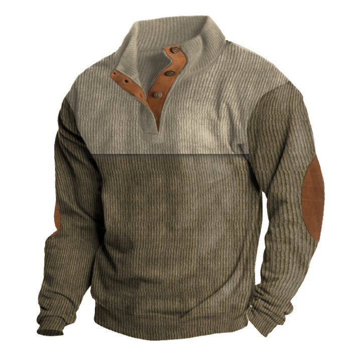Men's ribbed pullover with stand-up collar, button placket, and elbow patches Mune Fashion