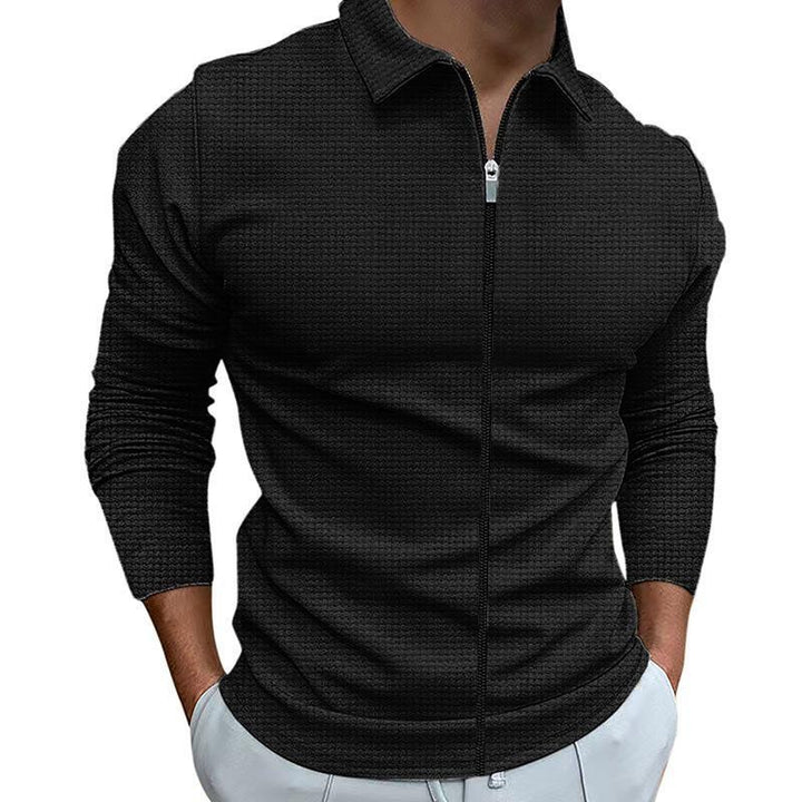 Men's textured Slim-Fit long sleeve polo shirt with front zipper and shirt collar Mune Fashion