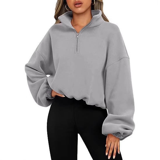 Women's cropped half-zip sweatshirt with high standing collar, balloon sleeves and elastic hem Mune Fashion
