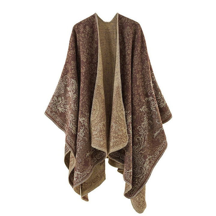 Women's Jacquard Poncho with Oriental Pattern and Open Front Mune Fashion