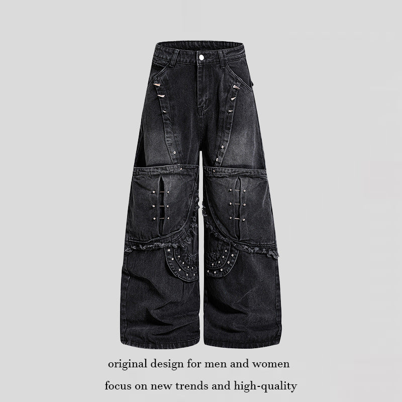 Women Wide High-Waist Denim Cargo Culotte with Rivets and Large Flap Pockets Mune Fashion