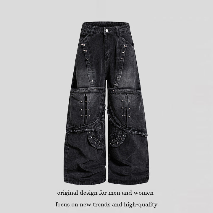 Women Wide High-Waist Denim Cargo Culotte with Rivets and Large Flap Pockets Mune Fashion