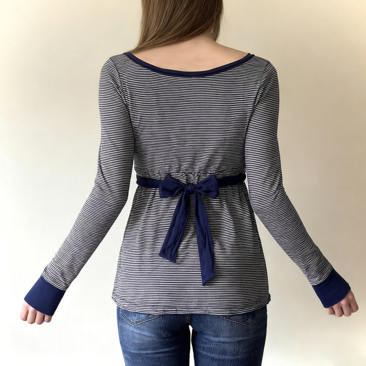 Women’s maternity and nursing blouse with empire seam, button placket, and tie belt Mune Fashion