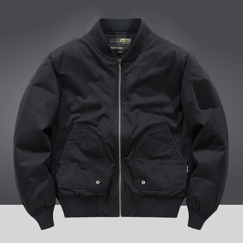 Men's  military-inspired heavyweight cotton bomber jacket with curved flap utility pockets and sleeve velcro patch Mune Fashion