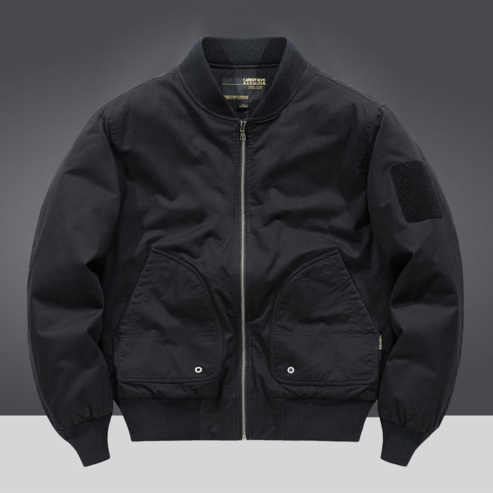 Men's  military-inspired heavyweight cotton bomber jacket with curved flap utility pockets and sleeve velcro patch Mune Fashion
