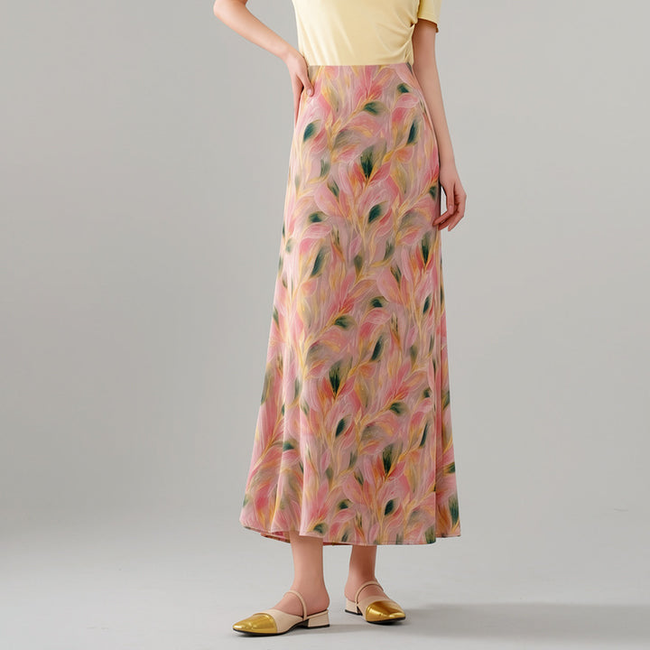 Women's flowing midi skirt with floral print and A-line silhouette in satin-like fabric Mune Fashion