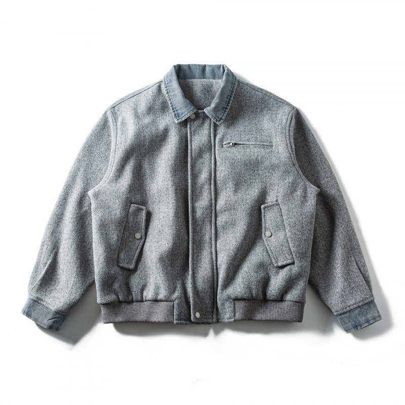Men's short-cut wool blend bomber jacket with denim collar, concealed zipper, and flap pockets Mune Fashion