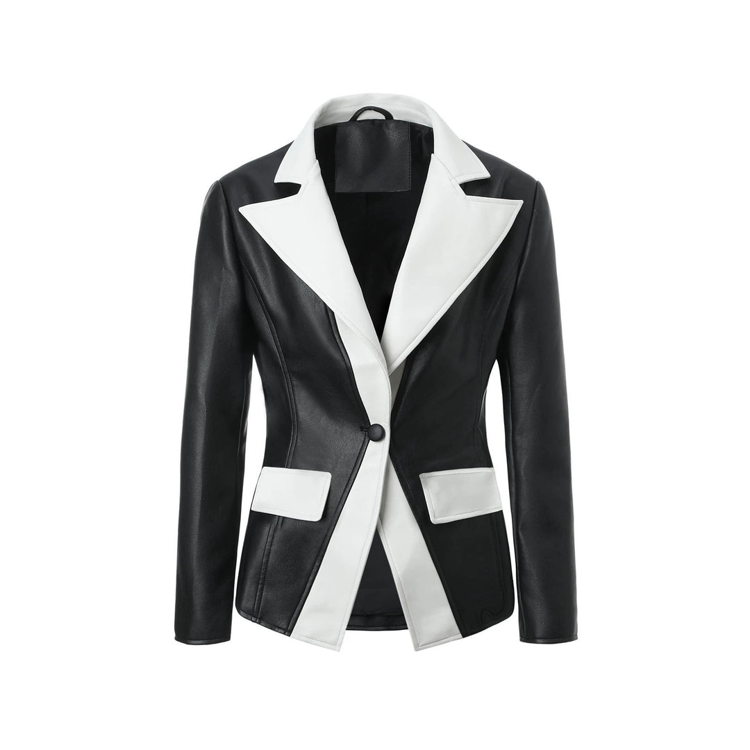 Women's contrast blazer made of faux leather with pointed lapels and tailored fit Mune Fashion