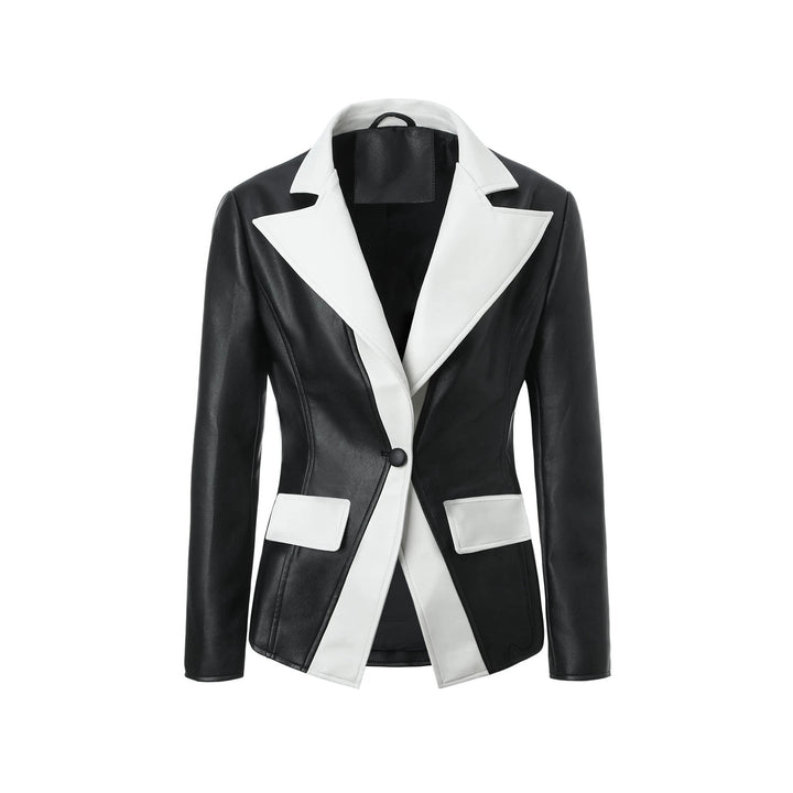 Women's contrast blazer made of faux leather with pointed lapels and tailored fit Mune Fashion