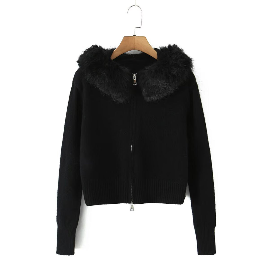 Women's Short Cardigan with Zipper and Removable Faux Fur Collar Drune