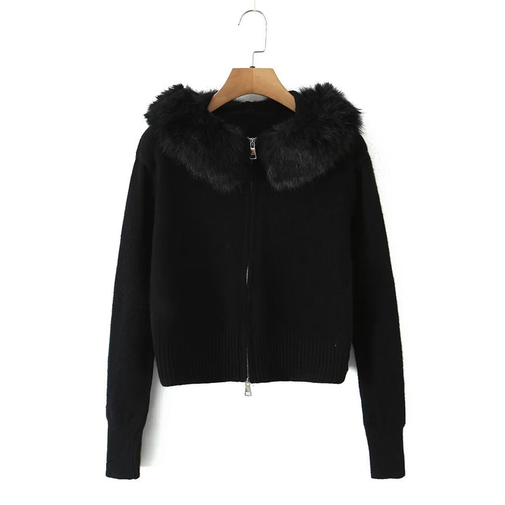 Women's Short Cardigan with Zipper and Removable Faux Fur Collar Drune