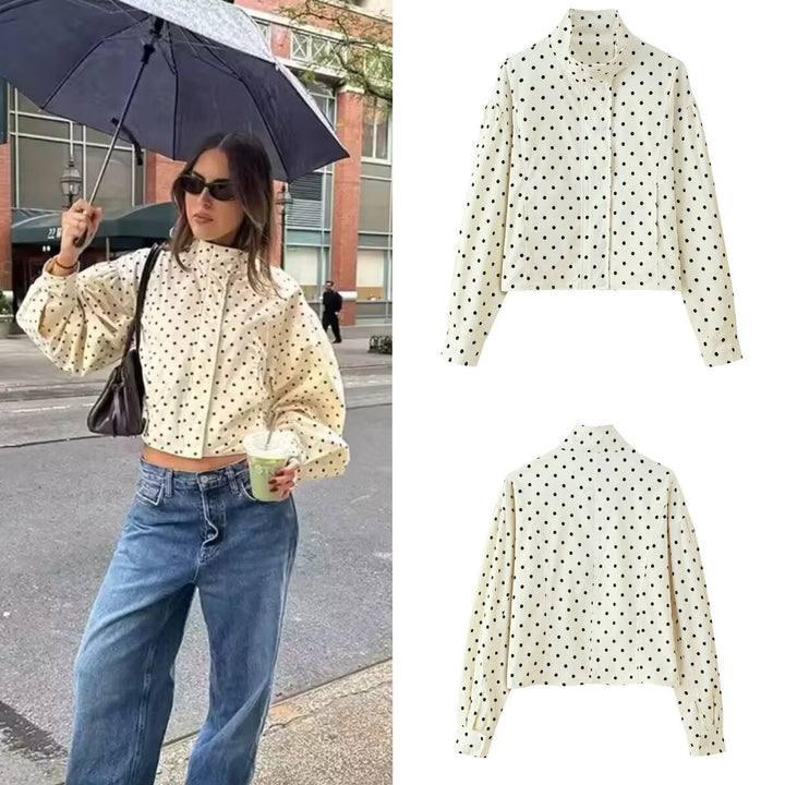 Women's short jacket with stand-up collar, boxy cropped cut and polka dot print Mune Fashion