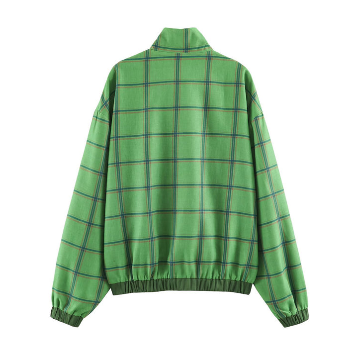 Women's Lightweight Checked Bomber Jacket with Stand-Up Collar, Concealed Zipper and Elastic Hem Mune Fashion
