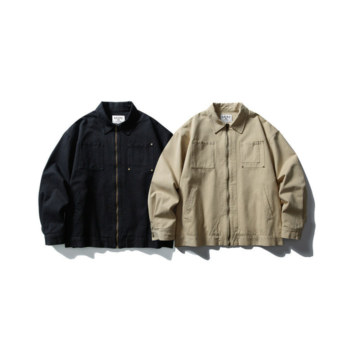Unisex Kastig cut canvas workwear jacket with full zipper and patch chest pockets Mune Fashion