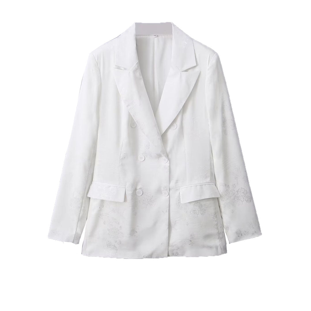 Women's Double-Breasted Satin Blazer with Floral Jacquard Pattern and Patch Pockets Mune Fashion