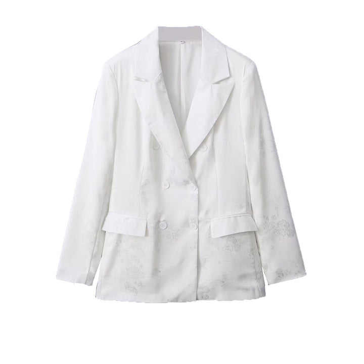 Women's Double-Breasted Satin Blazer with Floral Jacquard Pattern and Patch Pockets Mune Fashion