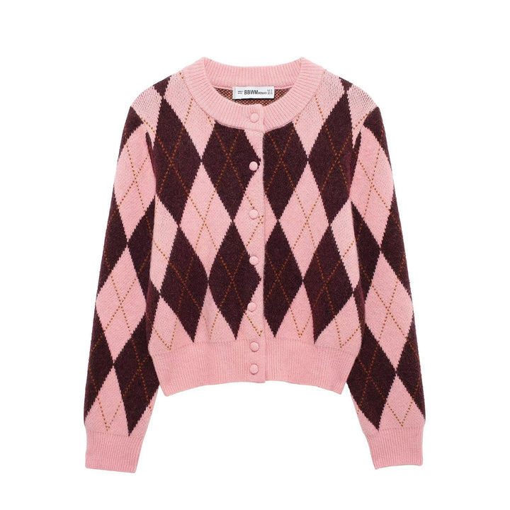 Ladies Short Diamond Argyle Cardigan with Round Neck and Fabric Covered Buttons Mune Fashion