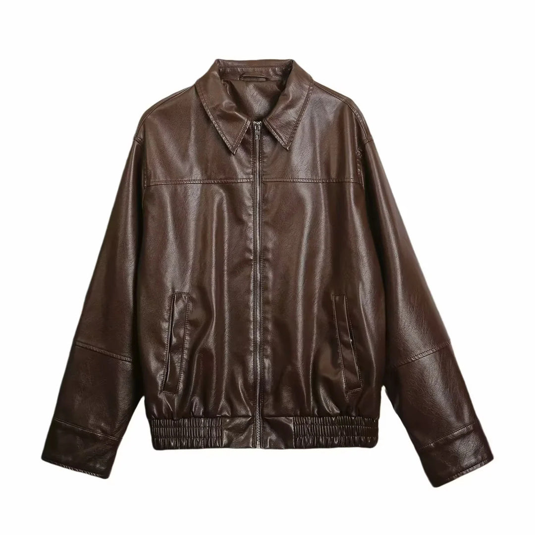 Women nan oversized smooth leather look blouson with shirt collar, all-over zipper and elastic waistband Mune Fashion
