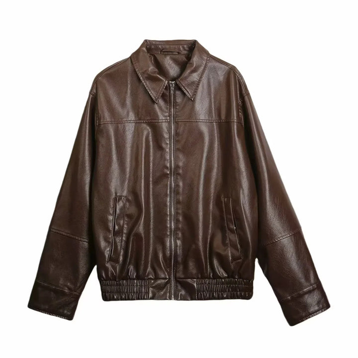 Women nan oversized smooth leather look blouson with shirt collar, all-over zipper and elastic waistband Mune Fashion