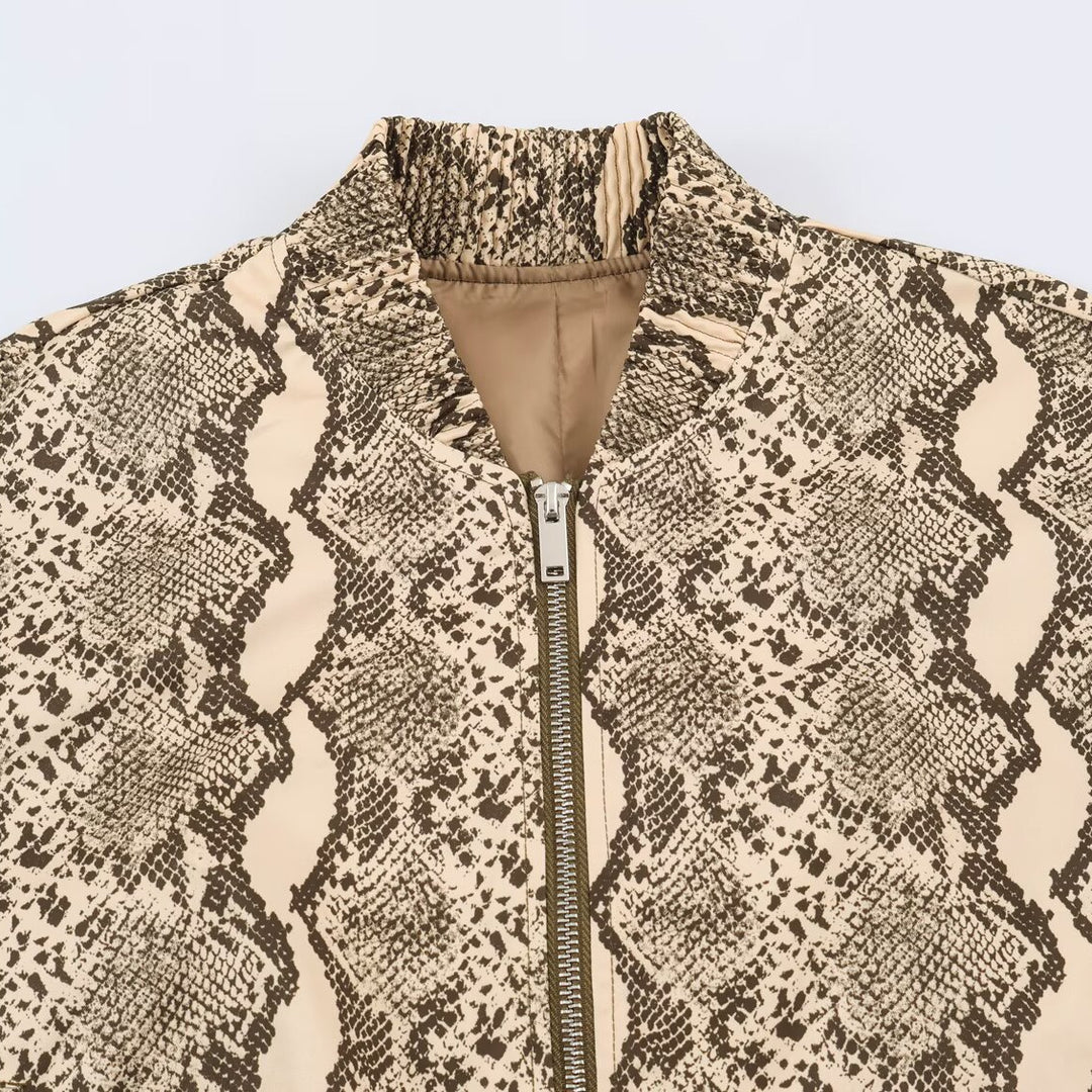 Women's Lightweight Bomber Jacket in Snake Print with Zipper and Elastic Hem and Sleeve Mune Fashion