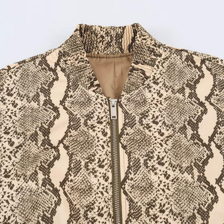 Women's Lightweight Bomber Jacket in Snake Print with Zipper and Elastic Hem and Sleeve Mune Fashion