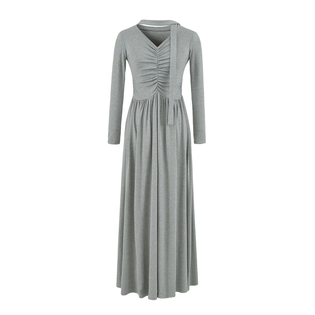 Women's midi dress with gathering, V neck and tailored pleated skirt Mune Fashion