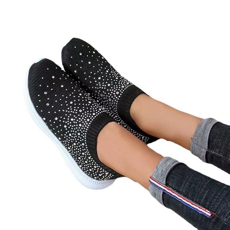 Women knitted slip-on sneakers with rhinestone embellishment and elastic entry Mune Fashion